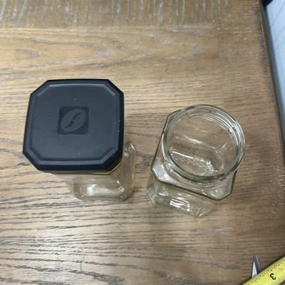 Set Of Two Clear Glass jars with Black Plastic lid On One 7.25” Height - Thumbnail 4