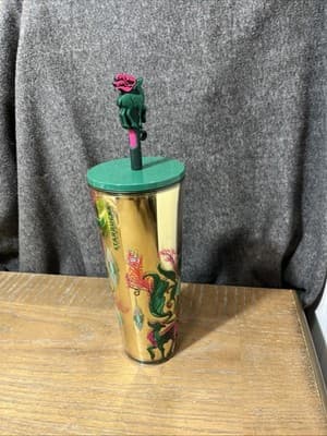 Starbucks 2024 Holiday Gold Mirror Ornament Floral Tumbler 24oz Venti With Straw - Thumbnail 2