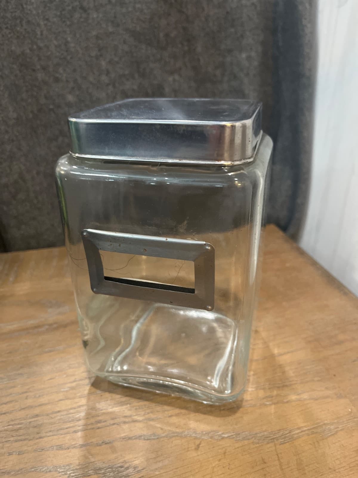 Vintage Square Glass Apothecary Medical Canister Jar Metal Label 7.5 x4.25 x4.25 - Image 1