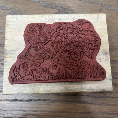 ANITA'S Teddy Bear Pushing a Flower Cart Wood Mount Rubber Stamp 4.5" x 3.5" - Thumbnail 4