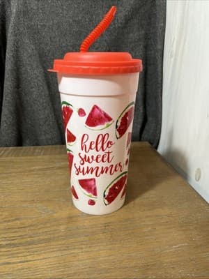 Watermelon 75oz “Hello Sweet Summer” Party Plastic Tumbler Cup W/Lid & Straw - Image 1