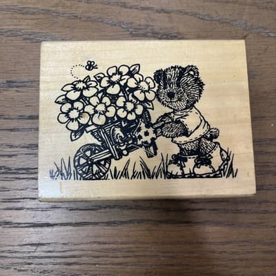 ANITA'S Teddy Bear Pushing a Flower Cart Wood Mount Rubber Stamp 4.5" x 3.5" - Image 1