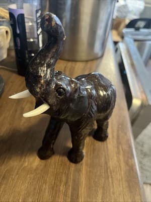 Vintage Leather Elephant Figurine Made in India Trunk Up Lucky Charm - Image 1