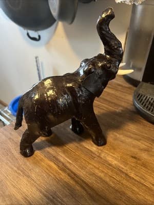 Vintage Leather Elephant Figurine Made in India Trunk Up Lucky Charm - Thumbnail 4