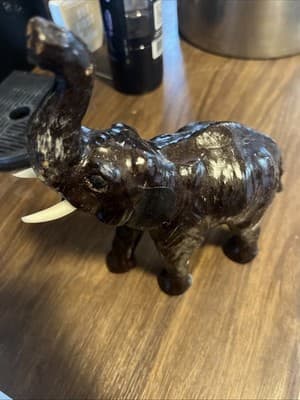 Vintage Leather Elephant Figurine Made in India Trunk Up Lucky Charm - Thumbnail 2