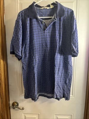 Eddie Bauer Vintage 90s Polo Shirt Navy Blue and White Plaid Mens Size Large - Image 1
