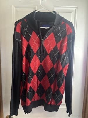 Simply Styled By Sears Men's Sweater, Size L- Red & Black Crochet 9" Zip Up - Image 1