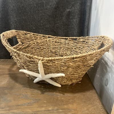 Woven Basket With Nautical Starfish On Front And Carrying Holes 16” X12” - Image 1