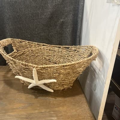 Woven Basket With Nautical Starfish On Front And Carrying Holes 16” X12” - Thumbnail 3