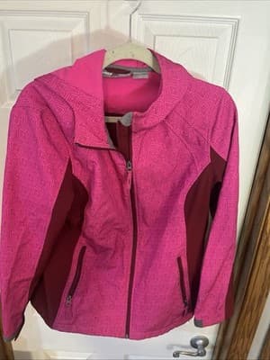 Free Tech Zip Up Hood Zip Pockets Lined Jacket Size Large Pink/Rust Geo Print - Image 1