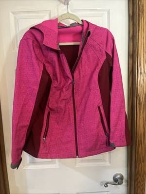 Free Tech Zip Up Hood Zip Pockets Lined Jacket Size Large Pink/Rust Geo Print - Thumbnail 2