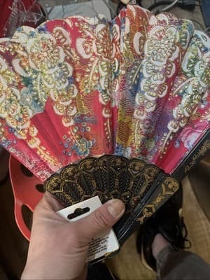 GII Foldable Folding Hand Held Fan Pink Black Floral Glitter Fabric - Image 1