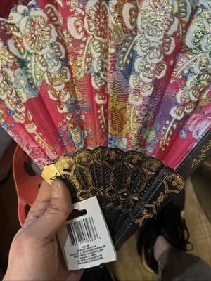 GII Foldable Folding Hand Held Fan Pink Black Floral Glitter Fabric - Thumbnail 2