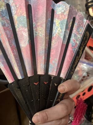 GII Foldable Folding Hand Held Fan Pink Black Floral Glitter Fabric - Thumbnail 3