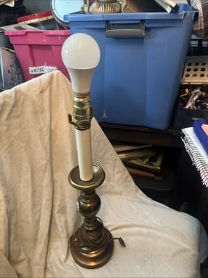 Vintage 17 3/4" Tall Simple Brass Table Accent Candlestick Lamp Light Patina - Image 1