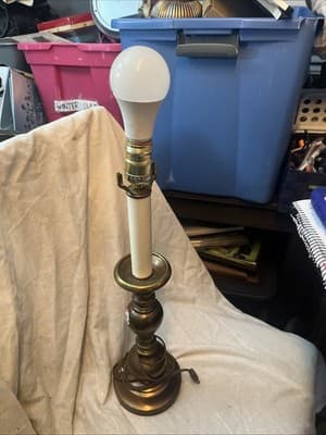 Vintage 17 3/4" Tall Simple Brass Table Accent Candlestick Lamp Light Patina - Thumbnail 2