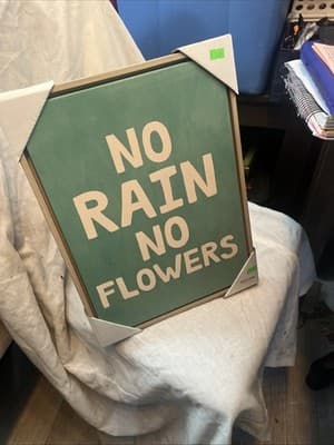 No Rain No Flowers Wooden Framed Canvas Wall Decor 16” X 12” Turquoise And White - Image 1