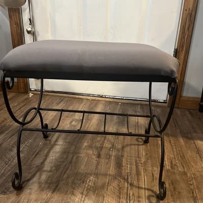 Vintage Italian Vanity Stool Bench Metal New Upholstery Original Paint 17x14 - Thumbnail 5