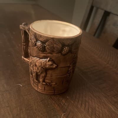 Vintage 3D Bear And Buck Pinecones Trees Ceramic Pottery Mug Japan 12oz - Thumbnail 3