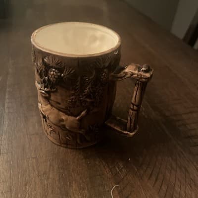 Vintage 3D Bear And Buck Pinecones Trees Ceramic Pottery Mug Japan 12oz - Image 1