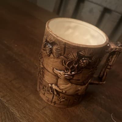 Vintage 3D Bear And Buck Pinecones Trees Ceramic Pottery Mug Japan 12oz - Thumbnail 2