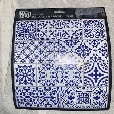 MAIN ST CREATIONS BLUE PAINTED TILES Peel Stick 8in Art Wall Tile Backsplash - Image 1