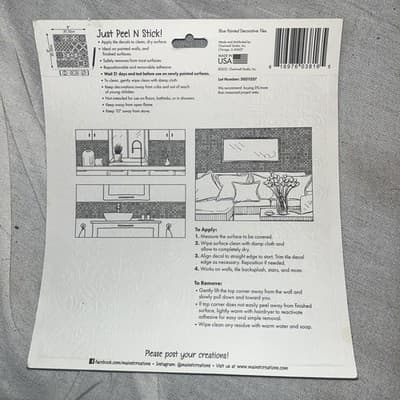 MAIN ST CREATIONS BLUE PAINTED TILES Peel Stick 8in Art Wall Tile Backsplash - Thumbnail 2