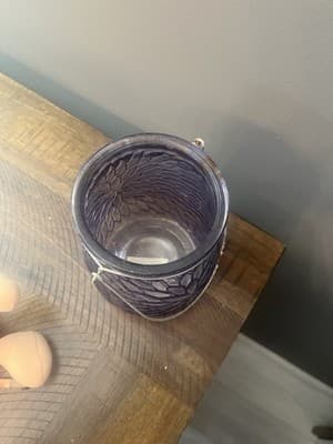 Purple Glass Floral Design Candle Holder With Metal Rusted Handle - Thumbnail 7