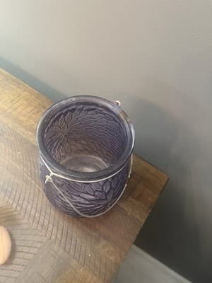 Purple Glass Floral Design Candle Holder With Metal Rusted Handle - Thumbnail 9