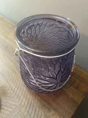 Purple Glass Floral Design Candle Holder With Metal Rusted Handle - Thumbnail 8