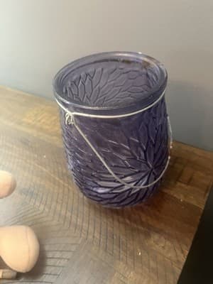 Purple Glass Floral Design Candle Holder With Metal Rusted Handle - Thumbnail 5