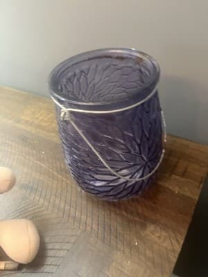 Purple Glass Floral Design Candle Holder With Metal Rusted Handle - Thumbnail 6