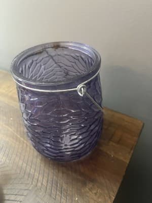 Purple Glass Floral Design Candle Holder With Metal Rusted Handle - Thumbnail 3