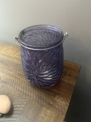 Purple Glass Floral Design Candle Holder With Metal Rusted Handle - Thumbnail 2