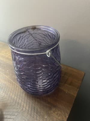 Purple Glass Floral Design Candle Holder With Metal Rusted Handle - Thumbnail 4