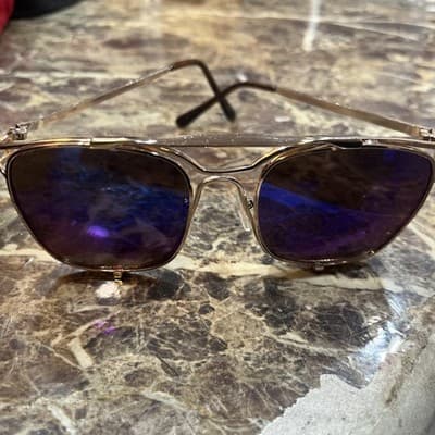 Gold Framed Vintage Aviator Blue Lens Sundglasses - Thumbnail 2