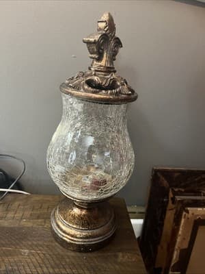 Decorative glass jar 13.5” Tall X 5” Wide Glass Center With Brass Top & Bottom - Thumbnail 2