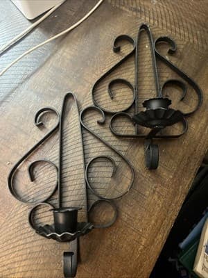 Pair Vintage Spanish Style Black Scrolled Iron Wall Sconces Wall Candle Holders - Image 1