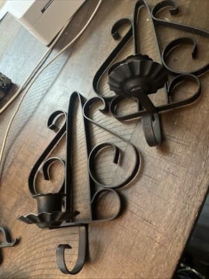 Pair Vintage Spanish Style Black Scrolled Iron Wall Sconces Wall Candle Holders - Thumbnail 2