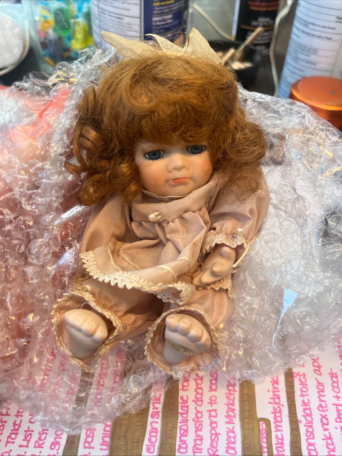 Gustave F. Wolff 9” porcelain doll red hair hand painted signed on neck - Image 1