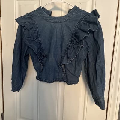 Forever 21 Small Denim Ruffled Back Zipper Long Sleeve Shirt - Image 1