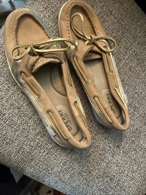Women’s size 6 Beige Sperry Boat Loafers With Gold Laces - Image 1