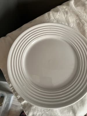 Set of 4. Stone + Lain White Glossy AppetizePlates 7.5” Ringed Stoneware Round. - Thumbnail 2