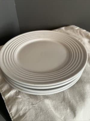 Set of 4. Stone + Lain White Glossy AppetizePlates 7.5” Ringed Stoneware Round. - Image 1