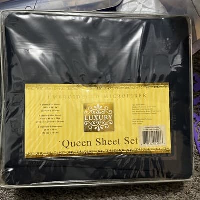 Embroidered Microfiber Luxury Queen Sheet Set Navy Blue 1,Fitted 1 Flat 2-pillow - Thumbnail 2