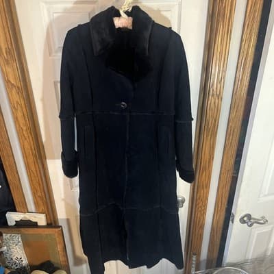 Women’s Small Trench Coat Navy Button Up Super Soft Black Fur Outlines be brand - Image 1