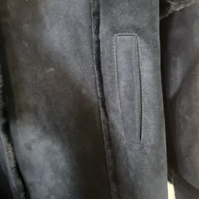 Women’s Small Trench Coat Navy Button Up Super Soft Black Fur Outlines be brand - Thumbnail 5