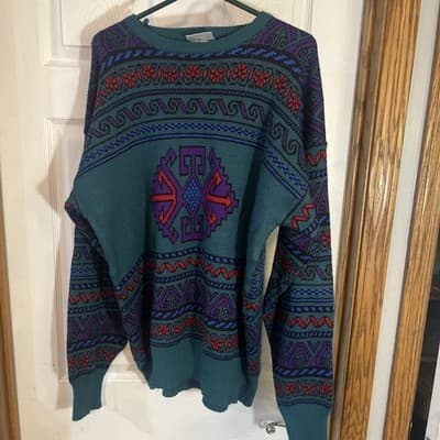 Men’s Meister Wool/acrylic Blend XXL Sweater Green With Pattern Crew Neck - Image 1