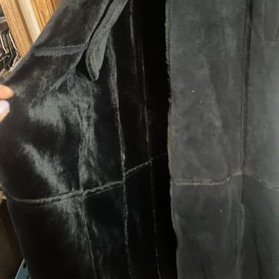 Women’s Small Trench Coat Navy Button Up Super Soft Black Fur Outlines be brand - Thumbnail 2