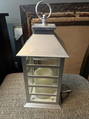 Silver Lantern With Battery Operated Candle 12” Tall With Carry Ring 15” Tall - Thumbnail 2